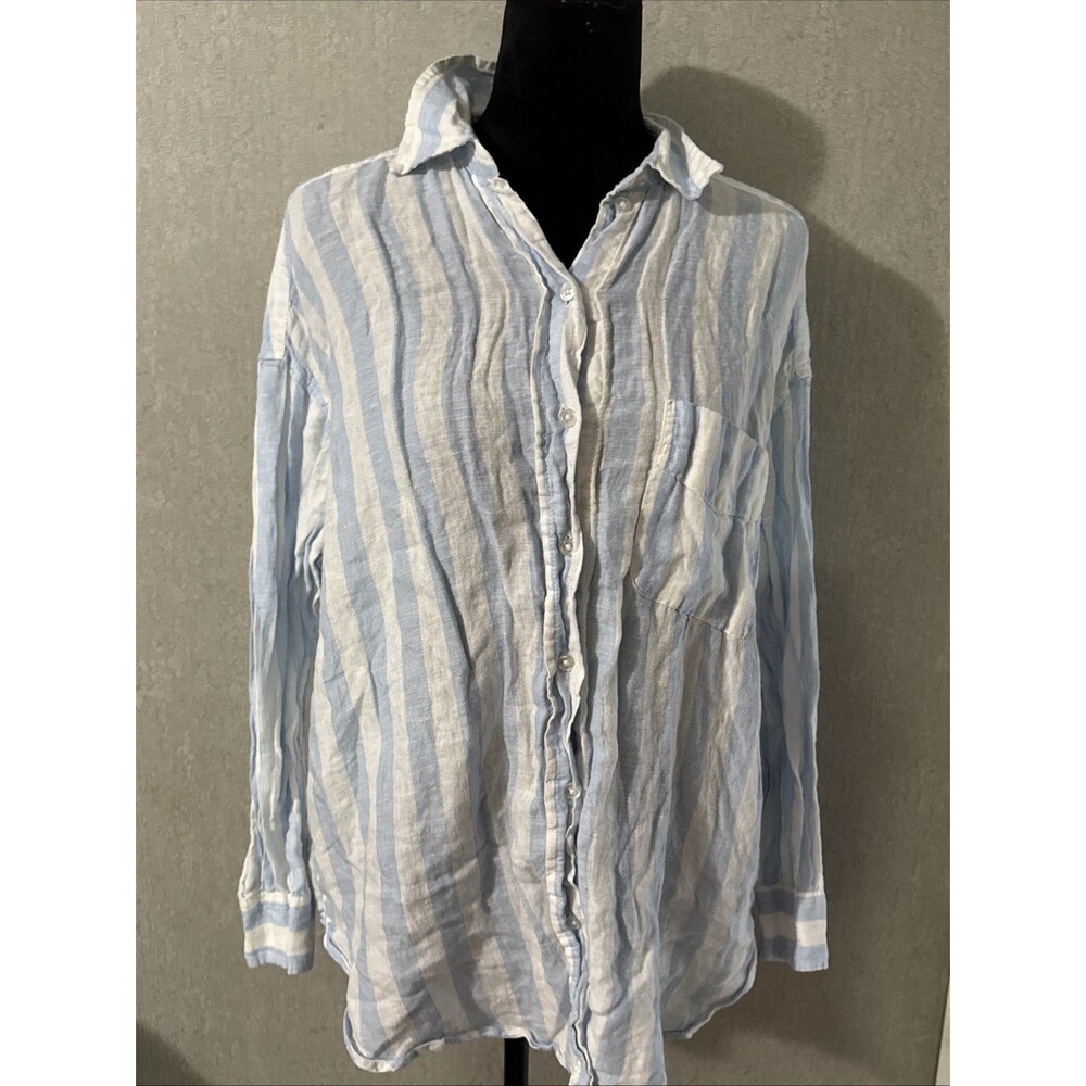 H&M 100% Linen Striped Button Down Shirt Oversized Light Blue White Small